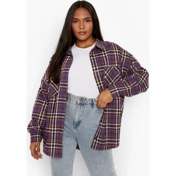 Boohoo Women's Plus Oversized Checked Button-Down Shirt - 12 - Picture 1 of 7